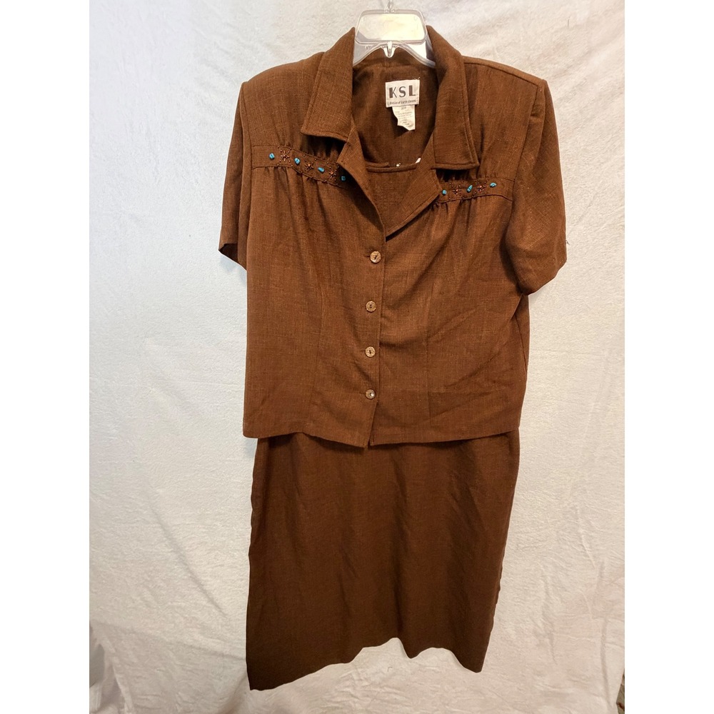 KSL Karin Stevens Brown Skirt Set 20W Vintage Beaded Jacket Sleeveless Dress